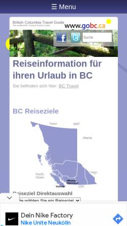 Vorschau der mobilen Webseite www.urlaub-reisen.gobc.ca, BC Travel Guide