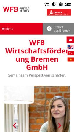 Vorschau der mobilen Webseite www.wfb-bremen.de, WFB Wirtschaftsförderung Bremen GmbH