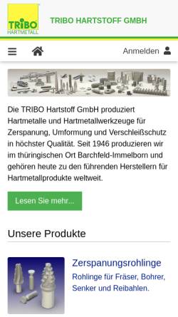 Vorschau der mobilen Webseite www.tribo.de, TRIBO Hartmetall GmbH