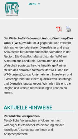 Vorschau der mobilen Webseite www.wfg-limburg-weilburg-diez.de, Wirtschaftsförderung Limburg-Weilburg-Diez GmbH