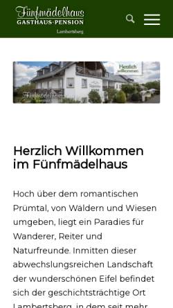 Vorschau der mobilen Webseite www.fuenfmaedelhaus.de, Gasthaus - Pension Fünfmädelhaus