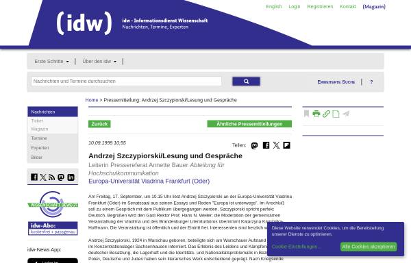 Vorschau von idw-online.de, idw - Andrzej Szczypiorski/Lesung und Gespräche