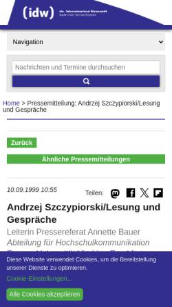 Vorschau der mobilen Webseite idw-online.de, idw - Andrzej Szczypiorski/Lesung und Gespräche