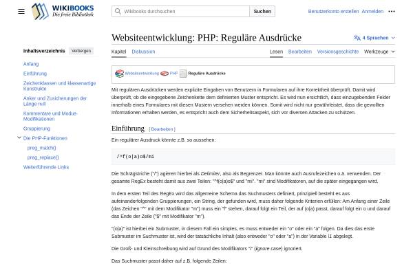 Vorschau von de.wikibooks.org, Wikibooks: PHP: Reguläre Ausdrücke