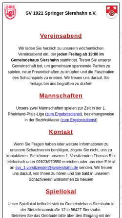 Vorschau der mobilen Webseite www.svsiershahn.de, Schachverein 1921 Springer Siershahn e. V.