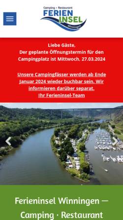 Vorschau der mobilen Webseite www.camping-winningen.de, Ferieninsel Winningen