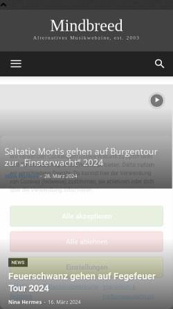 Vorschau der mobilen Webseite www.mindbreed.de, Onlinemagazin für Gothic und Alternative Musik