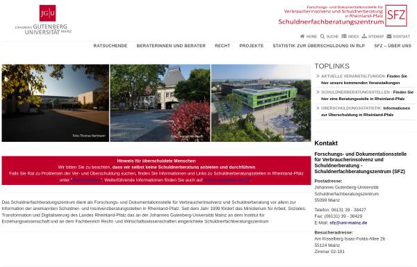 Vorschau von www.sfz.uni-mainz.de, Schuldnerfachberatungszentrum an der Johannes-Gutenberg-Universität Mainz