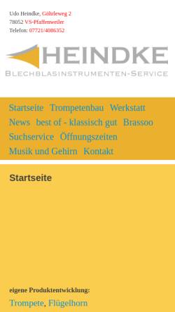 Vorschau der mobilen Webseite www.heindke-bis.de, Blechblasinstrumentenservice Udo Heindke
