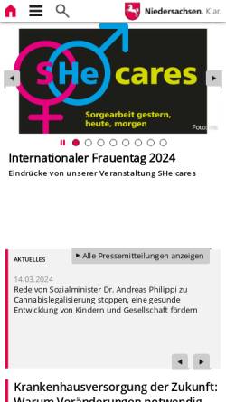 Vorschau der mobilen Webseite www.ms.niedersachsen.de, Niedersächsisches Ministerium für Soziales, Frauen, Familie, Gesundheit und Integration