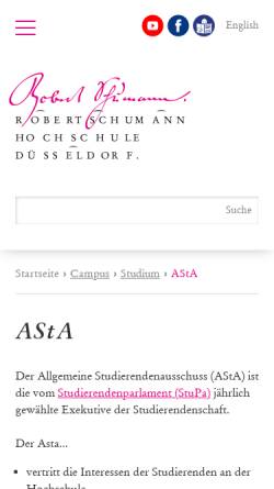 Vorschau der mobilen Webseite www.asta-rsh.de, AStA der Robert Schumann Hochschule Düsseldorf