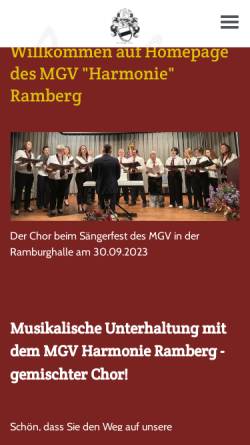 Vorschau der mobilen Webseite www.mgv-ramberg.de, Männergesangverein “Harmonie” Ramberg 1908 e.V.