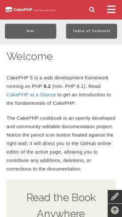 Vorschau der mobilen Webseite book.cakephp.org, The Cookbook