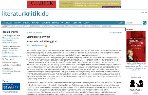 Vorschau von www.literaturkritik.de, Schreibort Schweiz - Autonomie und Abhängigkeit