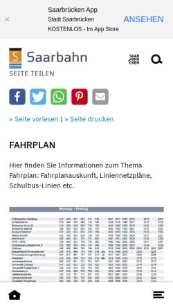 Vorschau der mobilen Webseite www.saarbahn.de, Saartal Saarbrücken Fahrplan