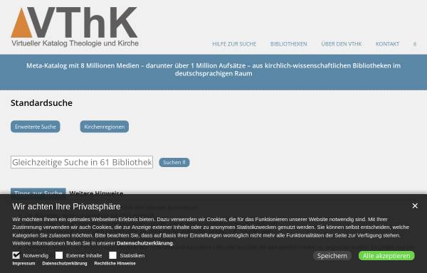Vorschau von www.vthk.de, VThK - Virtueller Katalog Theologie und Kirche