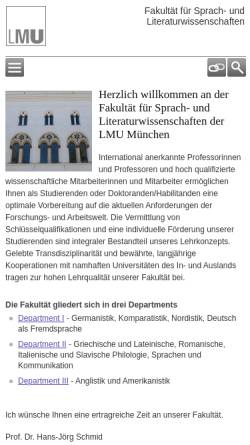 Vorschau der mobilen Webseite www.sprach-und-literaturwissenschaften.uni-muenchen.de, Fakultät für Sprach- und Literaturwissenschaften an der Universität München