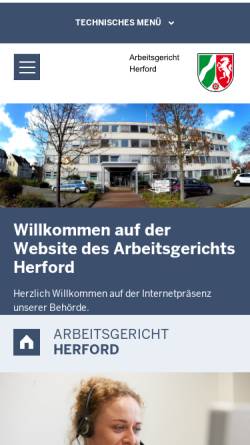 Vorschau der mobilen Webseite www.arbg-herford.nrw.de, Arbeitsgericht Herford