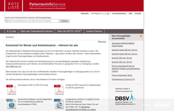 Vorschau von www.patienteninfo-service.de, Patienten-Informationsservice - Beipackzettel-Suchmaschine