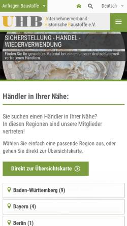 Vorschau der mobilen Webseite www.historische-baustoffe.de, Unternehmerverband Historische Baustoffe e.V.