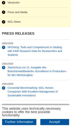 Vorschau der mobilen Webseite www.wzl.rwth-aachen.de, Werkzeugmaschinenlabor