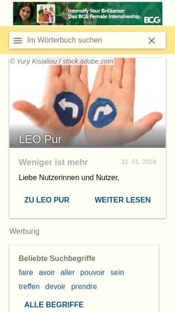 Vorschau der mobilen Webseite dict.leo.org, LEO Deutsch-Französisches Wörterbuch
