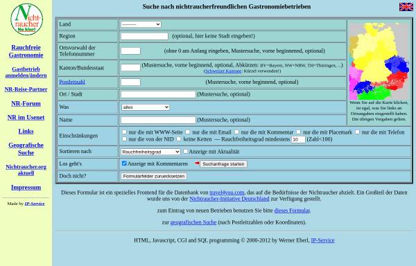 Vorschau von www.nichtraucher.org, Suchmaschine für rauchfreie Restaurants, Hotels und Events