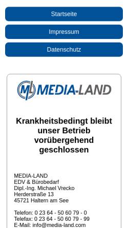 Vorschau der mobilen Webseite www.media-land.com, Media-Land EDV & Bürobedarf, Inh. Dipl.-Ing. Michael Vrecko