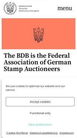 Vorschau der mobilen Webseite www.bdb.net, Bundesverband Deutscher Briefmarkenversteigerer e.V.