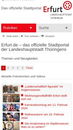 Vorschau der mobilen Webseite www.erfurt.de, Erfurt - Landeshauptstadt Thüringens