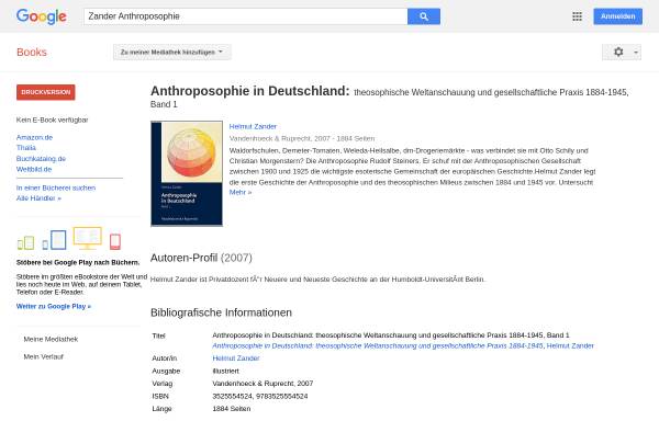 Vorschau von books.google.de, Zander, Helmut, Anthroposophie in Deutschland.Theosophische Weltanschauung und gesellschaftliche Praxis 1884-1945, Bd. 1