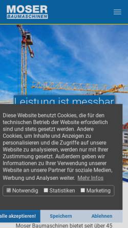 Vorschau der mobilen Webseite moser-baumaschinen.de, Moser Baumaschinen GmbH & Co Baumaschinen KG