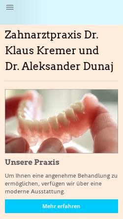 Vorschau der mobilen Webseite www.zahnarzt-kremer-dunaj.de, Dr. Klaus Kremer und Dr. Aleksander Dunaj