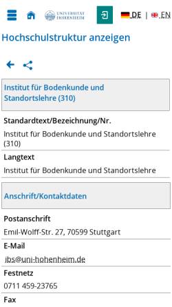 Vorschau der mobilen Webseite www.uni-hohenheim.de, Universität Hohenheim, Institut für Bodenkunde und Standortslehre
