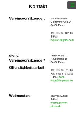 Vorschau der mobilen Webseite www.hv-plessa.de, HV Grün-Weiß Plessa e.V.