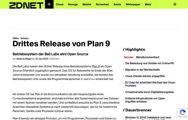 Vorschau von www.zdnet.de, ZDNet.de - Drittes Release von Plan 9
