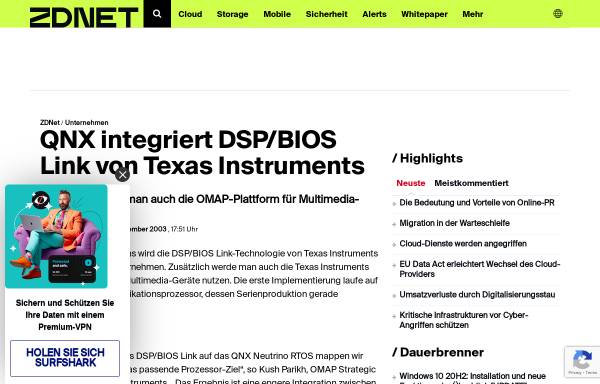 Vorschau von www.zdnet.de, ZDNet.de - QNX integriert DSP/BIOS Link von Texas Instruments