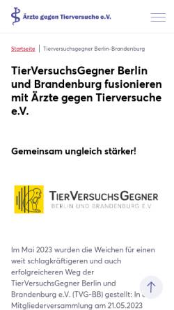 Vorschau der mobilen Webseite www.tierversuchsgegner-berlin-brandenburg.de, Tierversuchsgegner Berlin und Brandenburg e.V.