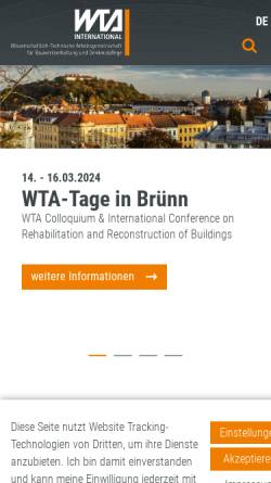 Vorschau der mobilen Webseite www.wta.de, Wissenschaftlich-Technische Arbeitsgemeinschaft für Bauwerkserhaltung und Denkmalpflege (WTA)