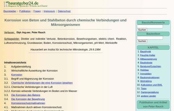 Vorschau von www.ib-rauch.de, Korrosion von Beton und Stahlbeton durch chemische Verbindungen und Mikroorganismen