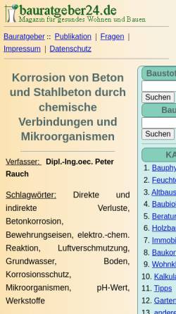 Vorschau der mobilen Webseite www.ib-rauch.de, Korrosion von Beton und Stahlbeton durch chemische Verbindungen und Mikroorganismen