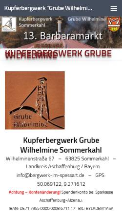 Vorschau der mobilen Webseite www.bergwerk-im-spessart.de, Kupferbergwerk Grube Wilhelmine e. V.