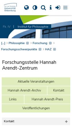 Vorschau der mobilen Webseite www.arendt-zentrum.uni-oldenburg.de, Hannah Arendt-Zentrum der Universität Oldenburg
