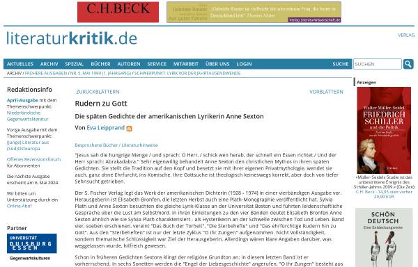 Vorschau von www.literaturkritik.de, Anne Sexton: Buch der Torheit