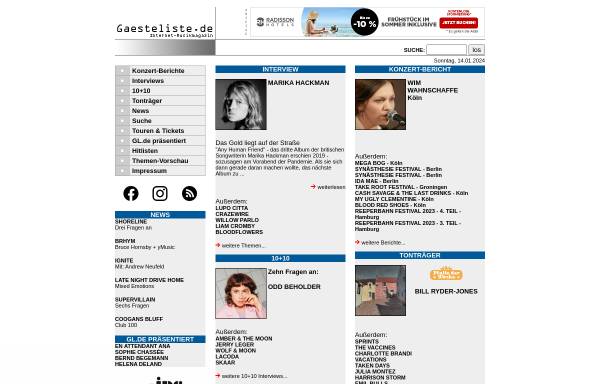 Vorschau von www.gaesteliste.de, Gaesteliste.de Internet-Musikmagazin