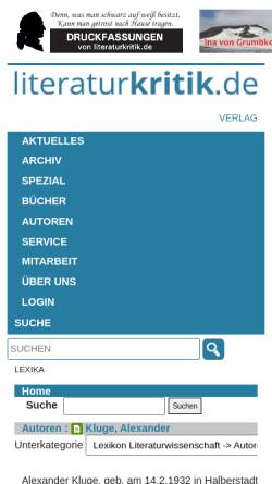 Vorschau der mobilen Webseite www.literaturkritik.de, Online-Lexikon Literaturwissenschaft: Alexander Kluge