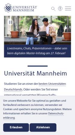 Vorschau der mobilen Webseite www.uni-mannheim.de, Universität Mannheim