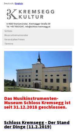 Vorschau der mobilen Webseite www.schloss-kremsegg.at, Schloss Kremsegg - Museum für Musikinstrumente