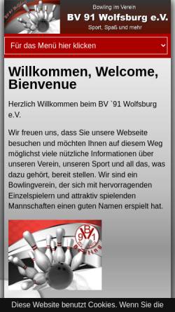Vorschau der mobilen Webseite www.bv91.de, Bowlingverein 91 Wolfsburg