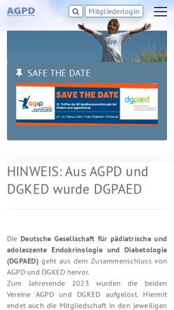 Vorschau der mobilen Webseite www.diabetes-kinder.de, Arbeitsgemeinschaft für Pädiatrische Diabetologie in der DDG